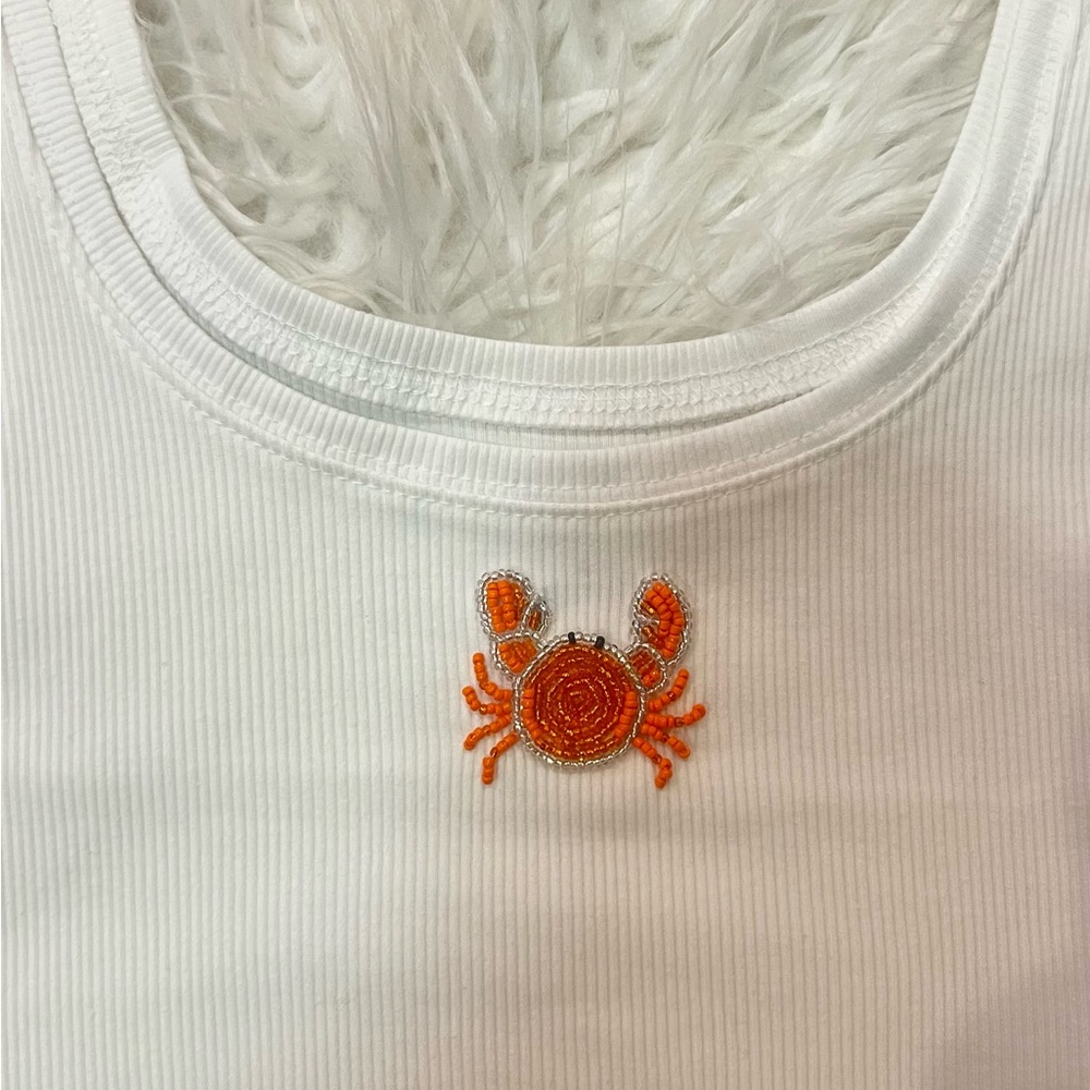 Handmade Bead Embroidered White Ribbed Tank Top with Orange Crab